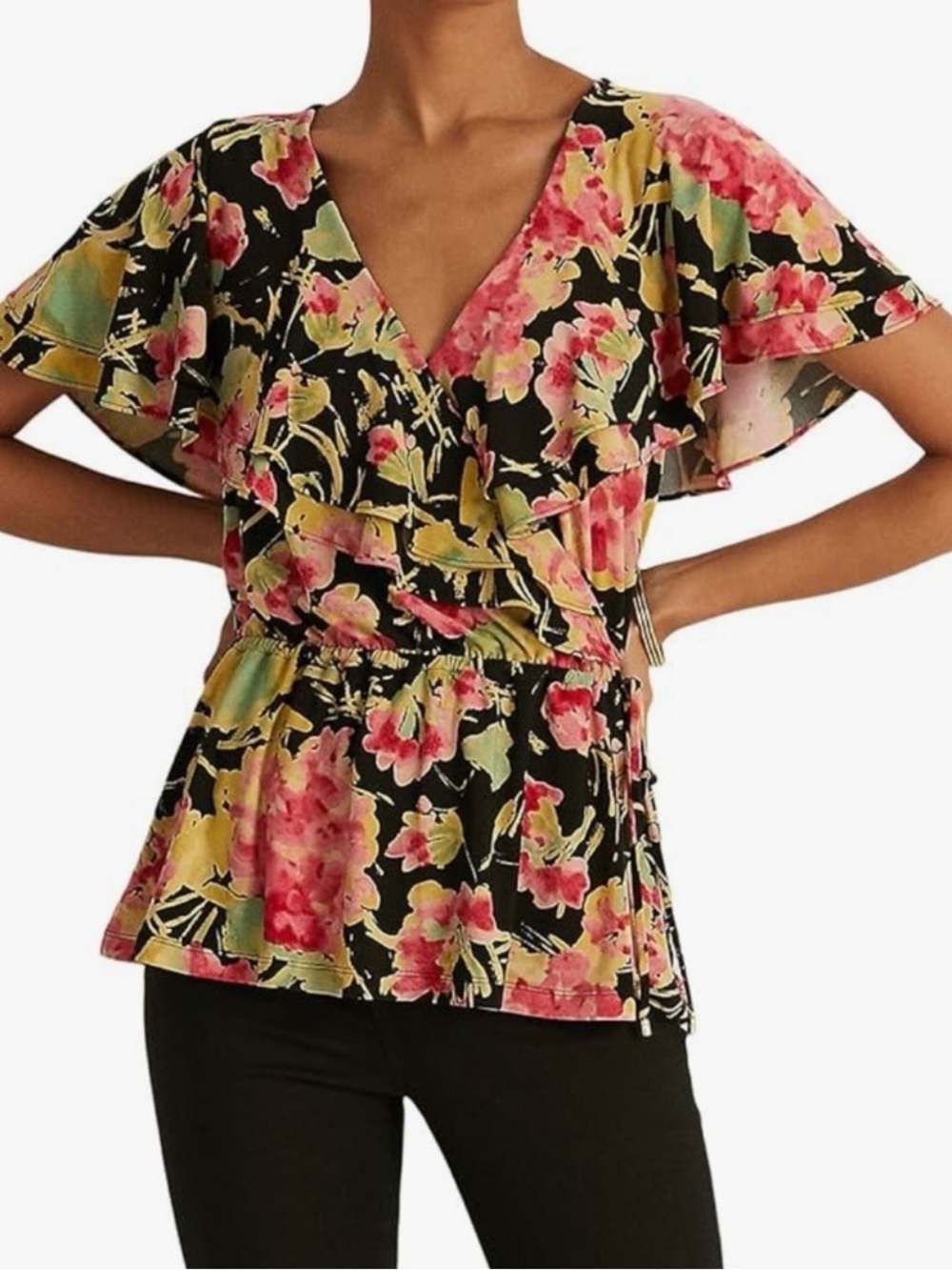 Ralph Lauren Black Floral Wrap Peplum Top